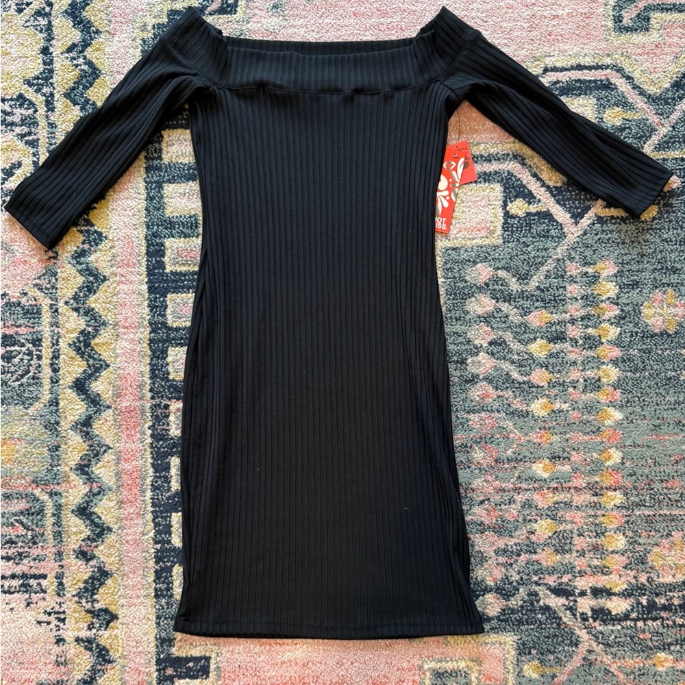 Kiss Black Ribbed Off-Shoulder Dress